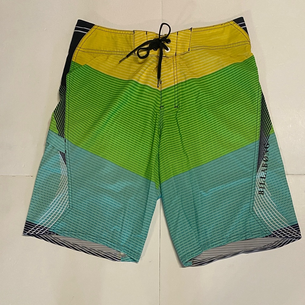 Billabong Men's Striped Yellow, Green, and Blue Board Shorts Size 30